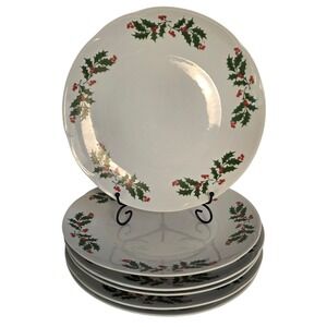 VTG Apulum Christmas Holiday Pattern Holly & Berries Porcelain Dinner Plates (6)